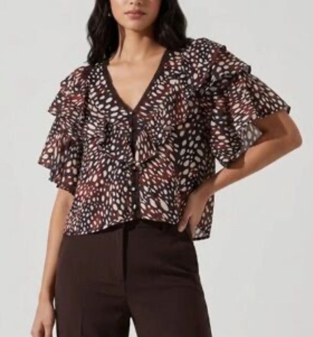 Avec Les Filles ruffle-sleeve V-neck blouse XS spotted animal print Whimsigoth